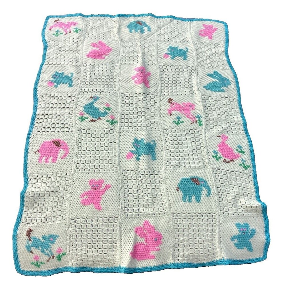 Vintage Crochet Baby Blanket Afghan Throw White Blocks Squares Animals Handmade